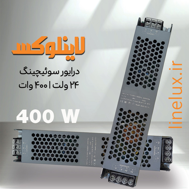 نمای نزدیک از بدنه درایور سوئیچینگ 400 وات با خروجی 24 ولت DC برای تجهیزات روشنایی